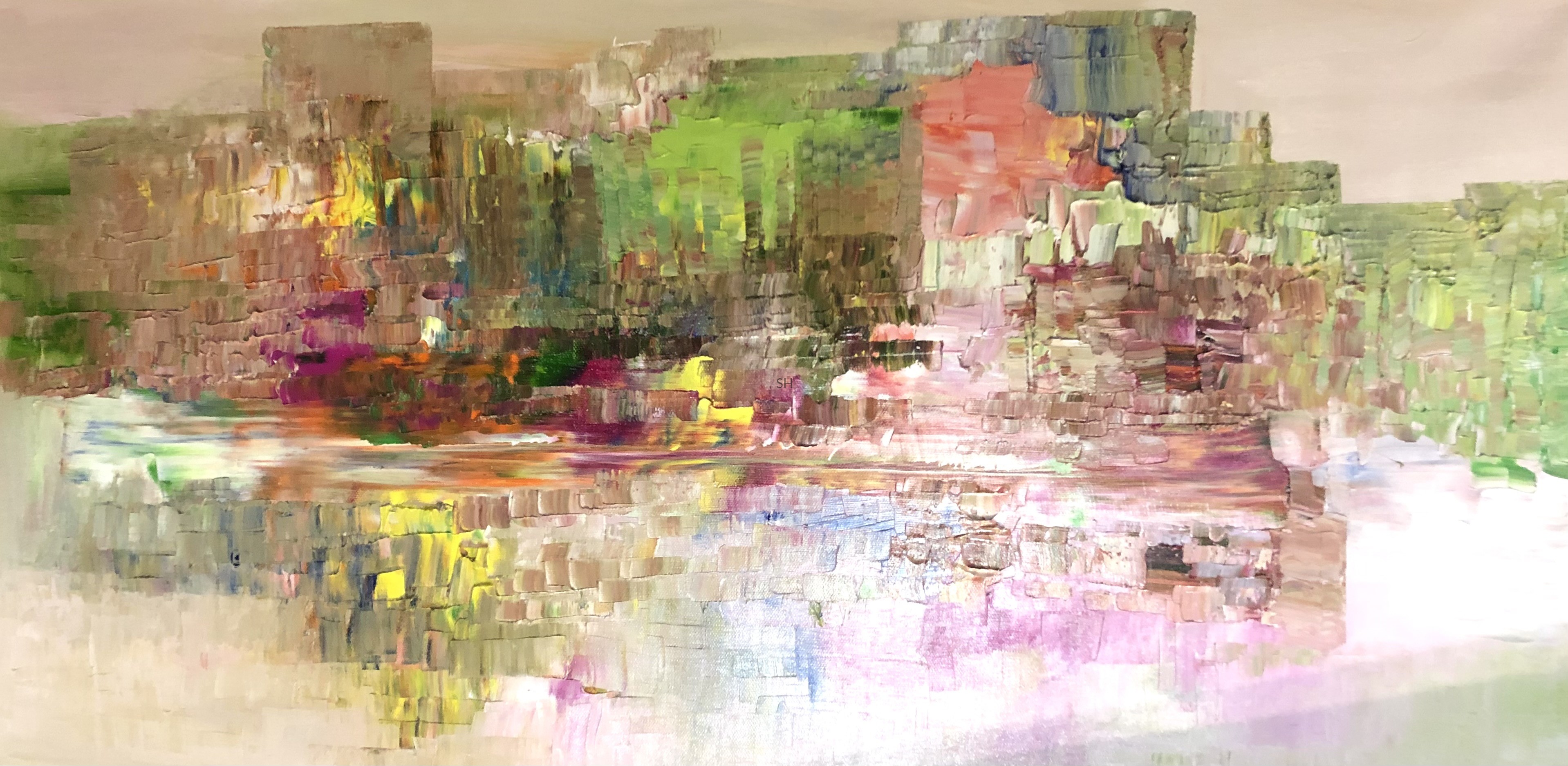 Ölgemälde „Land“: Eine breite, helle Landschaft aus Grün, Ocker, Rosa und Violett. Horizontale Farbbänder öffnen den Raum in die Tiefe.